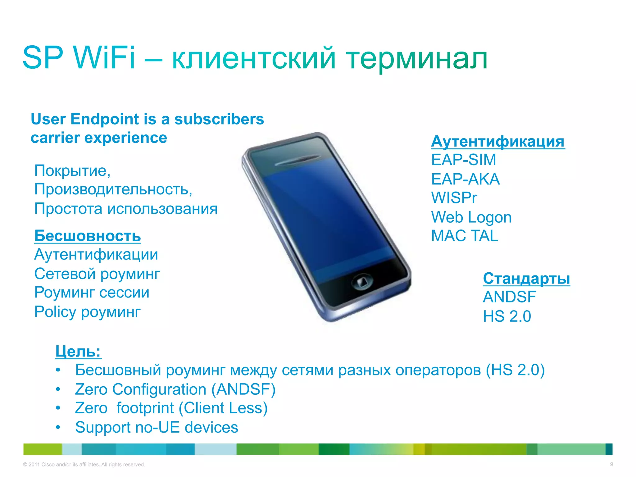 User Endpoint is a subscribers
   carrier experience                                       Аутентификация
                                                            EAP-SIM
    Покрытие,
                                                            EAP-AKA
    Производительность,
                                                            WISPr
    Простота использования
                                                            Web Logon
    Бесшовность                                             MAC TAL
    Аутентификации
    Сетевой роуминг                                               Стандарты
    Роуминг сессии                                                ANDSF
    Policy роуминг                                                HS 2.0

              Цель:
              •  Бесшовный роуминг между сетями разных операторов (HS 2.0)
              •  Zero Configuration (ANDSF)
              •  Zero footprint (Client Less)
              •  Support no-UE devices

© 2011 Cisco and/or its affiliates. All rights reserved.                      9
 