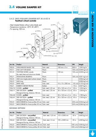 3.4        VOLUME DAMPER KIT

                                                                                                                                                   3.4




                                                                                                                                                   REGULATION OF AIR FLOW
                      3.4.2 MEZ-VOLUME DAMPER-KIT JK-A-02 B
                            Toothed wheel outside

                      - Steel sheeted blade without valve blade seal
                      - Temperature resistance: -20°C till +80°C
                      - Fin spacing 100 mm




                      Art.-Nr.   Product                                  Material                Dimensions            VPE       Weight

                      930/6      STEEL-SHEETED BLADE 100                  Galv. steel             100 mm x 5 m          200 m     1,093 kg/m
                      937/1      END CAP FOR BLADE                        Plastic                                       100 units 0,008 kg/unit
                      931/2      TOOTHED WHEEL outside                    Plastic                 100 mm                100 units 0,028 kg/unit
                                 (for steel sheet and aluminium blade)
                      932/1      HEXAGONAL BEARING                        Plastic                                       100 units 0,001 kg/unit
                      932/2      AXLE short (ingle-sided toothed wheel)   Plastic                                                 0,004 kg/unit
                      932/3      AXLE long                                Plastic                                                 0,006 kg/unit
                      933/3      DRIVE AXLE                               Galv. steel             15 x 15 x 200 mm        50 units 0,122 kg/unit
                      934/1      RUBBER CORNER PROFILE                    Rubber                                          10 m    0,027 kg/m
                      936/10     COVER – profiled                         Galv. steel, 1,25 mm    20 x 120 mm x 5 m       50 m    1,594 kg/m
                      936/11     SIDE SECTION – profiled                  Galv. steel, 1,25 mm    30 x 120 mm x 2,5 m     50 m    1,500 kg/m
                                 Hexagonal boring, distance 100 mm
                      936/40     COVER – profiled                         Galv. steel             30 x 120 mm x 5 m       50 m    1,780 kg/m
                      936/41     SIDE SECTION – profiled                  Galv. steel, 1,25 mm    30 x 120 mm x 2,5 m     50 m    1,700 kg/m
                                 Hexagonal boring, distance 100 mm
                      935/2      MEZ-CORNER for frame profiles 20 mm Galv. steel                                        250 units 0,036 kg/unit
                      935/3      MEZ-CORNER for frame profiles 30 mm Galv. steel                                        250 units 0,066 kg/unit

                      SECOND OPTION

                      Art.-Nr.   Product                                  Material                Dimensions            VPE       Weight

                      936/1      SIDE SECTION – non-profiled               Galv. steel, 1,25 mm   175 x 2500 mm         020 m     4,400 kg/unit
                                 Hexagonal boring, distance 100 mm
All Rights Reserved




                      936/4      SIDE SECTION – non-profiled               Galv. steel, 1,5 mm    192 x 2500 mm         020 m     6,500 kg/unit
                                 Hexagonal boring, distance 100 mm
                      935/2      MEZ-CORNER for frame profiles 20 mm Galv. steel                                        250 units 0,036 kg/unit
                      935/3      MEZ-CORNER for frame profiles 30 mm Galv. steel                                        250 units 0,066 kg/unit
 