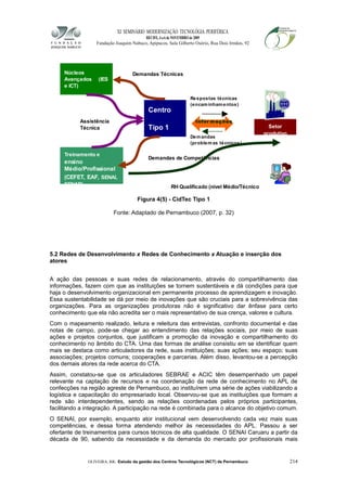 XI SEMINÁRIO MODERNIZAÇÃO TECNOLÓGIA PERIFÉRICA
RECIFE, 4 a 6 de NOVEMBRO de 2009
Fundação Joaquim Nabuco, Apipucos, Sala Gilberto Osório, Rua Dois Irmãos, 92
Figura 4(5) - CidTec Tipo 1
Fonte: Adaptado de Pernambuco (2007, p. 32)
5.2 Redes de Desenvolvimento x Redes de Conhecimento x Atuação e inserção dos
atores
A ação das pessoas e suas redes de relacionamento, através do compartilhamento das
informações, fazem com que as instituições se tornem sustentáveis e dá condições para que
haja o desenvolvimento organizacional em permanente processo de aprendizagem e inovação.
Essa sustentabilidade se dá por meio de inovações que são cruciais para a sobrevivência das
organizações. Para as organizações produtoras não é significativo dar ênfase para certo
conhecimento que ela não acredita ser o mais representativo de sua crença, valores e cultura.
Com o mapeamento realizado, leitura e releitura das entrevistas, confronto documental e das
notas de campo, pode-se chegar ao entendimento das relações sociais, por meio de suas
ações e projetos conjuntos, que justificam a promoção da inovação e compartilhamento do
conhecimento no âmbito do CTA. Uma das formas de análise consistiu em se identificar quem
mais se destaca como articuladores da rede, suas instituições; suas ações; seu espaço; suas
associações; projetos comuns; cooperações e parcerias. Além disso, levantou-se a percepção
dos demais atores da rede acerca do CTA.
Assim, constatou-se que os articuladores SEBRAE e ACIC têm desempenhado um papel
relevante na captação de recursos e na coordenação da rede de conhecimento no APL de
confecções na região agreste de Pernambuco, ao instituírem uma série de ações viabilizando a
logística e capacitação do empresariado local. Observou-se que as instituições que formam a
rede são interdependentes, sendo as relações coordenadas pelos próprios participantes,
facilitando a integração. A participação na rede é combinada para o alcance do objetivo comum.
O SENAI, por exemplo, enquanto ator institucional vem desenvolvendo cada vez mais suas
competências, e dessa forma atendendo melhor às necessidades do APL. Passou a ser
ofertante de treinamentos para cursos técnicos de alta qualidade. O SENAI Caruaru a partir da
década de 90, sabendo da necessidade e da demanda do mercado por profissionais mais
OLIVEIRA, RR. Estudo da gestão dos Centros Tecnológicos (NCT) de Pernambuco 214
Núcleos
Avançados (IES
e ICT)
Centro
Tipo 1
Assistência
Técnica
Treinamento e
ensino
Médio/Profissional
(CEFET, EAF, SENAI,
SENAR)
Demandas Técnicas
Demandas de Competências
Infor mações
Respostas técnicas
(encaminhamentos)
Demandas
(problemas técnicos)
Setor
produtivo
RH Qualificado (nível Médio/Técnico
 