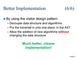 Better Implementation
 By

(6/6)

using the visitor design pattern

– Decouple data structure and algorithms
– Put the traversal in only one place, in the AST
– Allow the addition of new algorithms without
changing the data structure

Much better, clearer
implementation!
110/213

 
