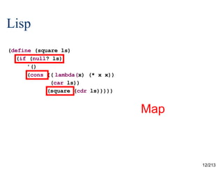 Lisp
(define (square ls)
(if (null? ls)
'()
(cons ((lambda(x) (* x x))
(car ls))
(square (cdr ls)))))

?

Map

12/213

 