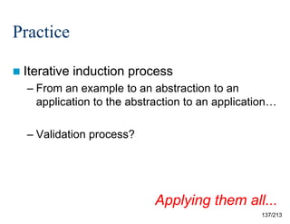 Practice
 Iterative

induction process

– From an example to an abstraction to an
application to the abstraction to an application…
– Validation process?

Applying them all...
137/213

 