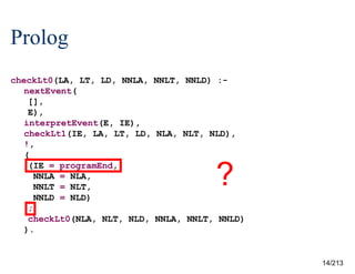 Prolog
checkLt0(LA, LT, LD, NNLA, NNLT, NNLD) :nextEvent(
[],
E),
interpretEvent(E, IE),
checkLt1(IE, LA, LT, LD, NLA, NLT, NLD),
!,
(
(IE = programEnd,
NNLA = NLA,
NNLT = NLT,
NNLD = NLD)
;
checkLt0(NLA, NLT, NLD, NNLA, NNLT, NNLD)
).

?

14/213

 