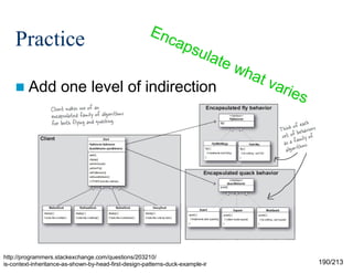 Practice
 Add

Enc
aps
u

late

one level of indirection

http://programmers.stackexchange.com/questions/203210/
is-context-inheritance-as-shown-by-head-first-design-patterns-duck-example-ir

wh
at v

arie
s

190/213

 