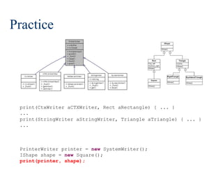 Practice


print(CtxWriter aCTXWriter, Rect aRectangle) { ... }
...
print(StringWriter aStringWriter, Triangle aTriangle) { ... }
...

PrinterWriter printer = new SystemWriter();
IShape shape = new Square();
print(printer, shape);
196/213

 