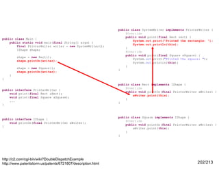 public class Main {
public static void main(final String[] args) {
final PrinterWriter writer = new SystemWriter();
IShape shape;
shape = new Rect();
shape.printOn(writer);
shape = new Square();
shape.printOn(writer);

public class SystemWriter implements PrinterWriter {
@Override
public void print(final Rect rect) {
System.out.print("Printed the rectangle: ");
System.out.println(this);
}
@Override
public void print(final Square aSquare) {
System.out.print("Printed the square: ");
System.out.println(this);
}
}

}
}

public interface PrinterWriter {
void print(final Rect aRect);
void print(final Square aSquare);
...
}

public interface IShape {
void printOn(final PrinterWriter aWriter);
}

http://c2.com/cgi-bin/wiki?DoubleDispatchExample
http://www.patentstorm.us/patents/6721807/description.html

public class Rect implements IShape {
@Override
public void printOn(final PrinterWriter aWriter) {
aWriter.print(this);
}
}

public class Square implements IShape {
@Override
public void printOn(final PrinterWriter aWriter) {
aWriter.print(this);
}
}

202/213

 