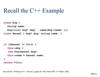 Recall the C++ Example
class Dog {
string name;
Dog(const Dog* dog) : name(dogname) {}}
class Kennel { Dog* dog; string name; }

if (&kennel != this) {
thisdog =
new Dog(kennel.dog);
thisname = kennel.name;
}
return *this;

Bruce Eckel ; Thinking in C++ ; Volume 2, pages 551–553, Planet PDF, 2nd Edition, 2000.

38/213

 