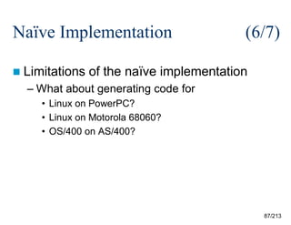 Naïve Implementation
 Limitations

(6/7)

of the naïve implementation

– What about generating code for
• Linux on PowerPC?
• Linux on Motorola 68060?
• OS/400 on AS/400?

87/213

 