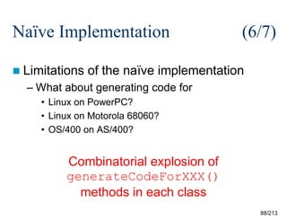 Naïve Implementation
 Limitations

(6/7)

of the naïve implementation

– What about generating code for
• Linux on PowerPC?
• Linux on Motorola 68060?
• OS/400 on AS/400?

Combinatorial explosion of
generateCodeForXXX()
methods in each class
88/213

 