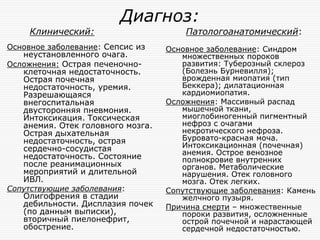 Диагноз:
     Клинический:                      Патологоанатомический:
Основное заболевание: Сепсис из    Основное заболевание: Синдром
   неустановленного очага.            множественных пороков
Осложнения: Острая печеночно-         развития: Туберозный склероз
   клеточная недостаточность.         (Болезнь Бурневилля);
   Острая почечная                    врожденная миопатия (тип
   недостаточность, уремия.           Беккера); дилатационная
   Разрешающаяся                      кардиомиопатия.
   внегоспитальная                 Осложнения: Массивный распад
   двусторонняя пневмония.            мышечной ткани,
   Интоксикация. Токсическая          миоглобиногенный пигментный
   анемия. Отек головного мозга.      нефроз с очагами
   Острая дыхательная                 некротического нефроза.
   недостаточность, острая            Буровато-красная моча.
   сердечно-сосудистая                Интоксикационная (почечная)
                                      анемия. Острое венозное
   недостаточность. Состояние         полнокровие внутренних
   после реанимационных               органов. Метаболические
   мероприятий и длительной           нарушения. Отек головного
   ИВЛ.                               мозга. Отек легких.
Сопутствующие заболевания:         Сопутствующие заболевания: Камень
   Олигофрения в стадии               желчного пузыря.
   дебильности. Дисплазия почек    Причина смерти – множественные
   (по данным выписки),               пороки развития, осложненные
   вторичный пиелонефрит,             острой почечной и нарастающей
   обострение.                        сердечной недостаточностью.
 
