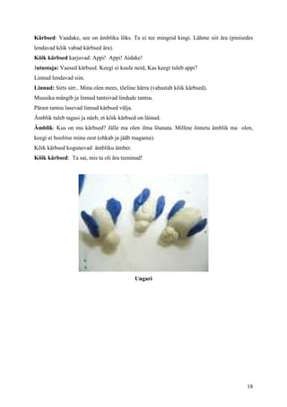 Kärbsed: Vaadake, see on ämbliku lõks. Ta ei tee mingeid kingi. Lähme siit ära (pinisedes
lendavad kõik vabad kärbsed ära).
Kõik kärbsed karjuvad: Appi! Appi! Aidake!
Jutustaja: Vaesed kärbsed. Keegi ei kuule neid, Kas keegi tuleb appi?
Linnud lendavad siin.
Linnud: Sirts sirr.. Mina olen mees, tõeline härra (vabastab kõik kärbsed).
Muusika mängib ja linnud tantsivad lindude tantsu.
Pärast tantsu lasevad linnud kärbsed välja.
Ämblik tuleb tagasi ja näeb, et kõik kärbsed on läinud.
Ämblik: Kus on mu kärbsed? Jälle ma olen ilma lõunata. Milline õnnetu ämblik ma olen,
keegi ei hoolitse minu eest (ohkab ja jääb magama).
Kõik kärbsed kogunevad ämbliku ümber.
Kõik kärbsed: Ta sai, mis ta oli ära teeninud!




                                              Ungari




                                                                                      18
 