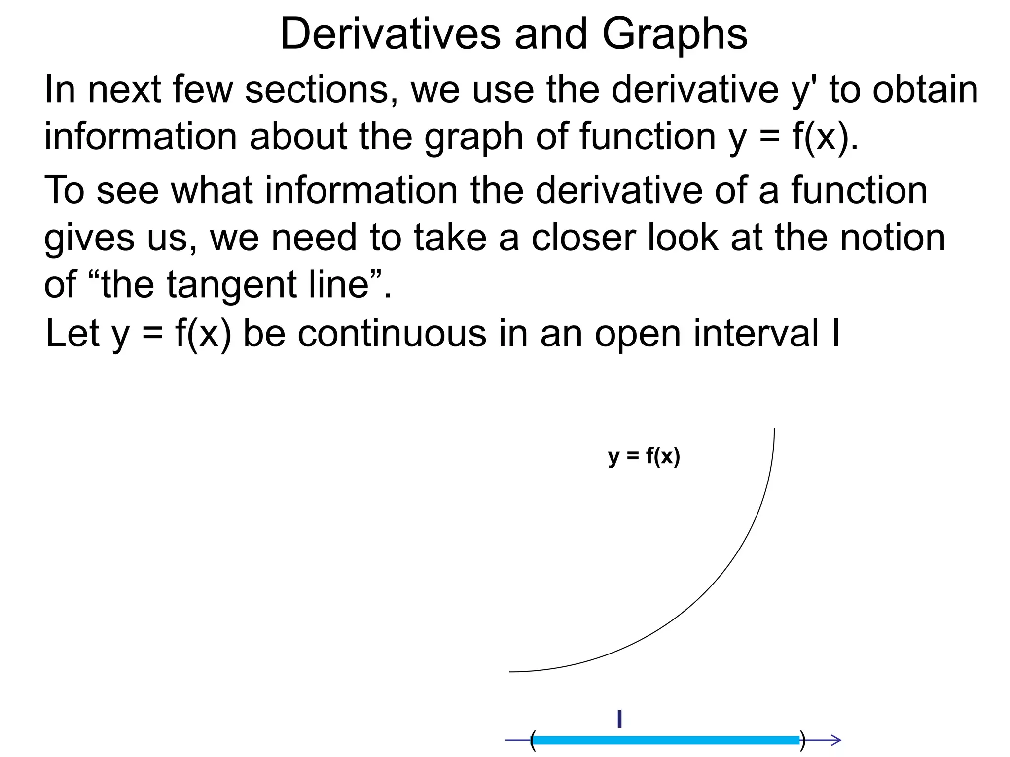 Derivatives and Graphs 
In next few sections, we use the derivative y' to obtain 
information about the graph of function y = f(x). 
To see what information the derivative of a function 
gives us, we need to take a closer look at the notion 
of “the tangent line”. 
Let y = f(x) be continuous in an open interval I 
y = f(x) 
) 
I 
( 
 