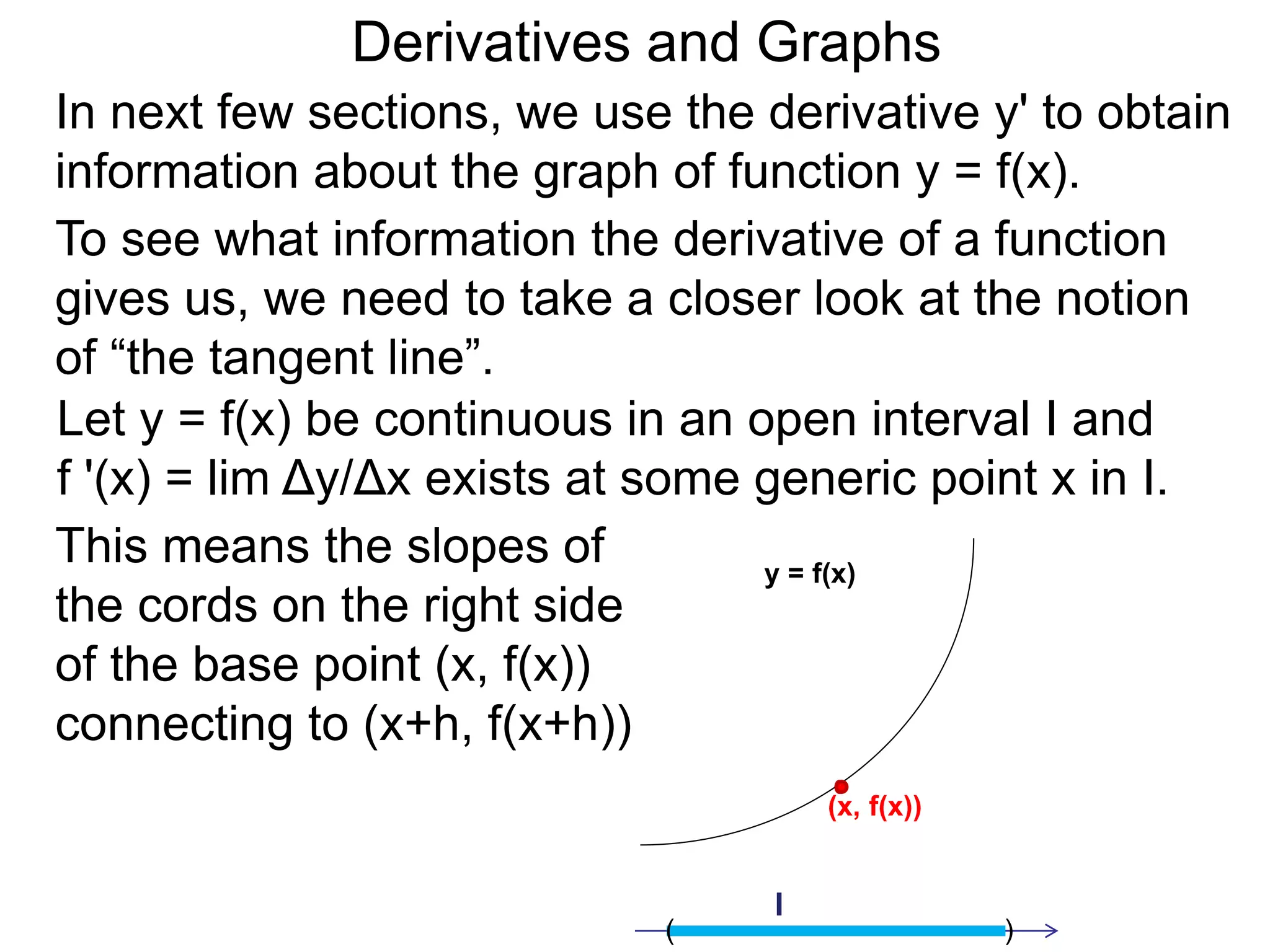 Derivatives and Graphs 
In next few sections, we use the derivative y' to obtain 
information about the graph of function y = f(x). 
To see what information the derivative of a function 
gives us, we need to take a closer look at the notion 
of “the tangent line”. 
Let y = f(x) be continuous in an open interval I and 
f '(x) = lim Δy/Δx exists at some generic point x in I. 
y = f(x) 
(x, f(x)) 
I 
This means the slopes of 
the cords on the right side 
of the base point (x, f(x)) 
connecting to (x+h, f(x+h)) 
( ) 
 