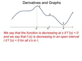 Derivatives and Graphs 
C 
c 
D 
E 
d e 
We say that the function is decreasing at x if f '(x) < 0 
and we say that f (x) is decreasing in an open interval 
I if f '(x) < 0 for all x’s in I. 
 