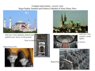 Compare and contrast - exterior view
                    Hagia Sophia, Istanbul and Chartres Cathedral of Notre Dame, Paris




  Full view: Four minarets; domed roof;                                                  Full view: Two
  pinkish stone; heavy on the ground                                                     steeples; seems
                                                                                         lighter
                           Door to interior
                                                                                  Door to interior

Supporting arches




                                                        Supporting arches
 