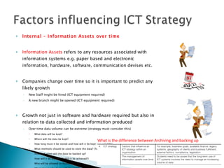 Internal – Information Assets over time Information Assets  refers to any resources associated with information systems e.g. paper based and electronic information, hardware, software, communication devises etc. Companies change over time so it is important to predict any likely growth New Staff might be hired (ICT equipment required) A new branch might be opened (ICT equipment required) Growth not just in software and hardware required but also in relation to data collected and information produced Over time data volume can be extreme (strategy must consider this) What data will be kept? Where will the data be kept? How long must it be stored and how will it be kept secure? (DPA) What methods should be used to store the data? (Technology available) How and when will the data be backed up? How will it be accessed? (Will it be achieved?) Who will be allowed to Access it? What else can be done with the data? What is the difference between Archiving and backing up data? 