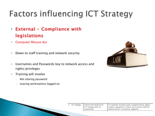 External – Compliance with legislations Computer Misuse Act Down to staff training and network security Usernames and Passwords key to network access and rights/privileges Training will involve Not sharing password Leaving workstations logged on 
