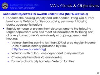 Goals and Objectives for Awards under NOFA (NOFA Section J) Enhance the housing stability and independent living skills of very low-income Veteran families occupying permanent housing across geographic regions Rapidly re-house or prevent homelessness among the following target populations who also meet all requirements for being part of a very low-income Veteran family occupying permanent housing: Veteran families earning less than 30% of area median income (AMI) as most recently published by HUD ( http://www.huduser.org )  Veterans with at least one dependent family member  Chronically homeless Veteran families  Formerly chronically homeless Veteran families VA’s Goals & Objectives 