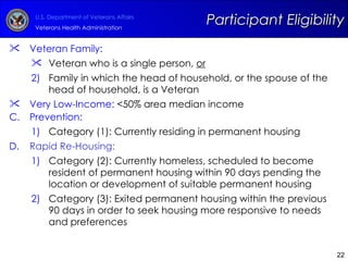 Veteran Family:   Veteran who is a single person,  or Family in which the head of household, or the spouse of the head of household, is a Veteran  Very Low-Income:  <50% area median income  Prevention: Category (1): Currently residing in permanent housing Rapid Re-Housing: Category (2): Currently homeless, scheduled to become resident of permanent housing within 90 days pending the location or development of suitable permanent housing Category (3): Exited permanent housing within the previous 90 days in order to seek housing more responsive to needs and preferences Participant Eligibility 