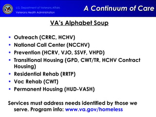 A Continuum of Care VA’s Alphabet Soup Outreach (CRRC, HCHV) National Call Center (NCCHV) Prevention (HCRV, VJO, SSVF, VHPD) Transitional Housing (GPD, CWT/TR, HCHV Contract Housing) Residential Rehab (RRTP) Voc Rehab (CWT) Permanent Housing (HUD-VASH) Services must address needs identified by those we serve. Program info:  www.va.gov/homeless   