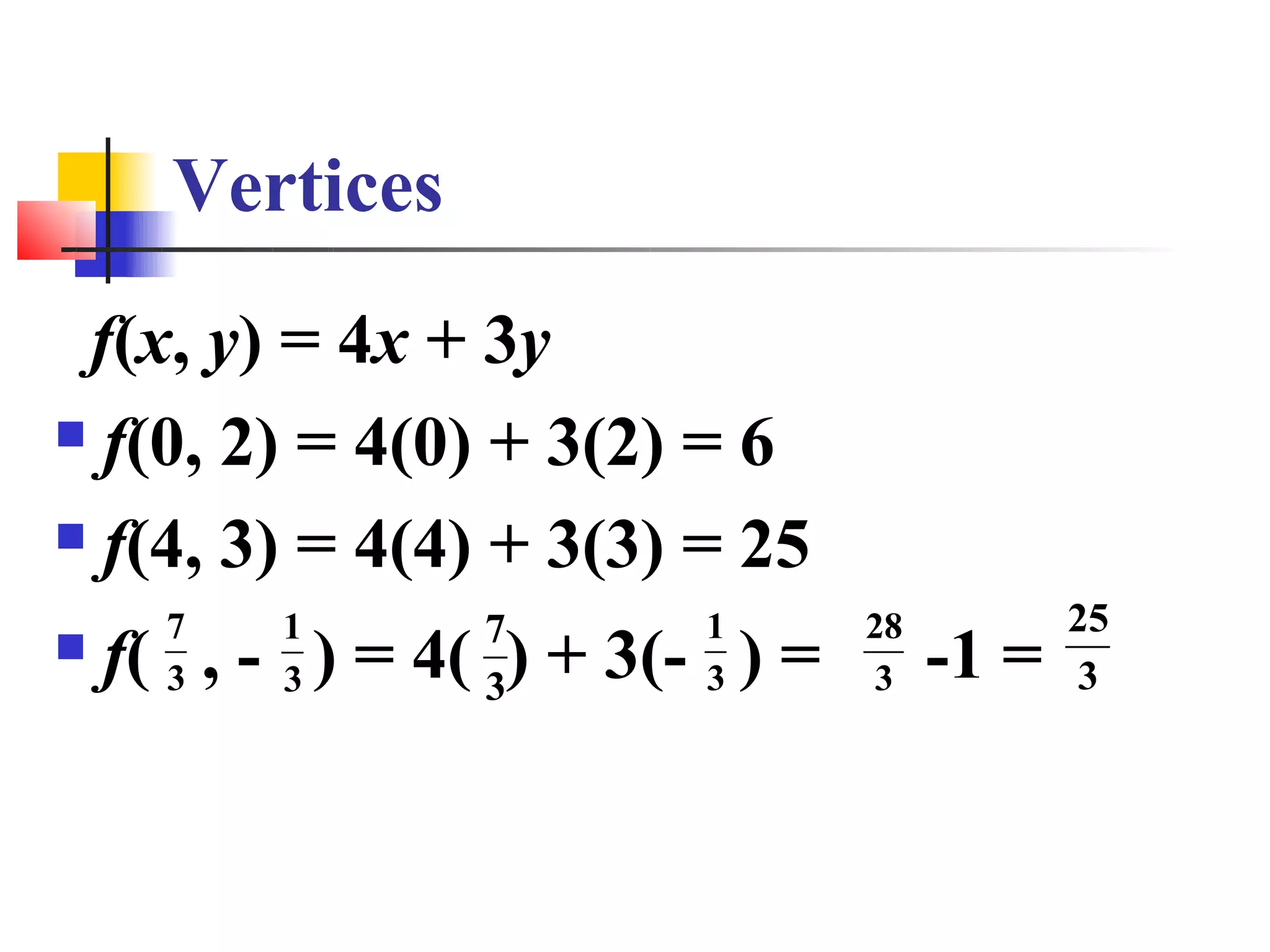 Vertices
 f(x, y) = 4x + 3y
 f(0, 2) = 4(0) + 3(2) = 6

 f(4, 3) = 4(4) + 3(3) = 25

      7   1      7       1      28          25
   f( , - ) = 4( ) + 3(- ) =
      3   3      3       3      3    -1 =   3
 