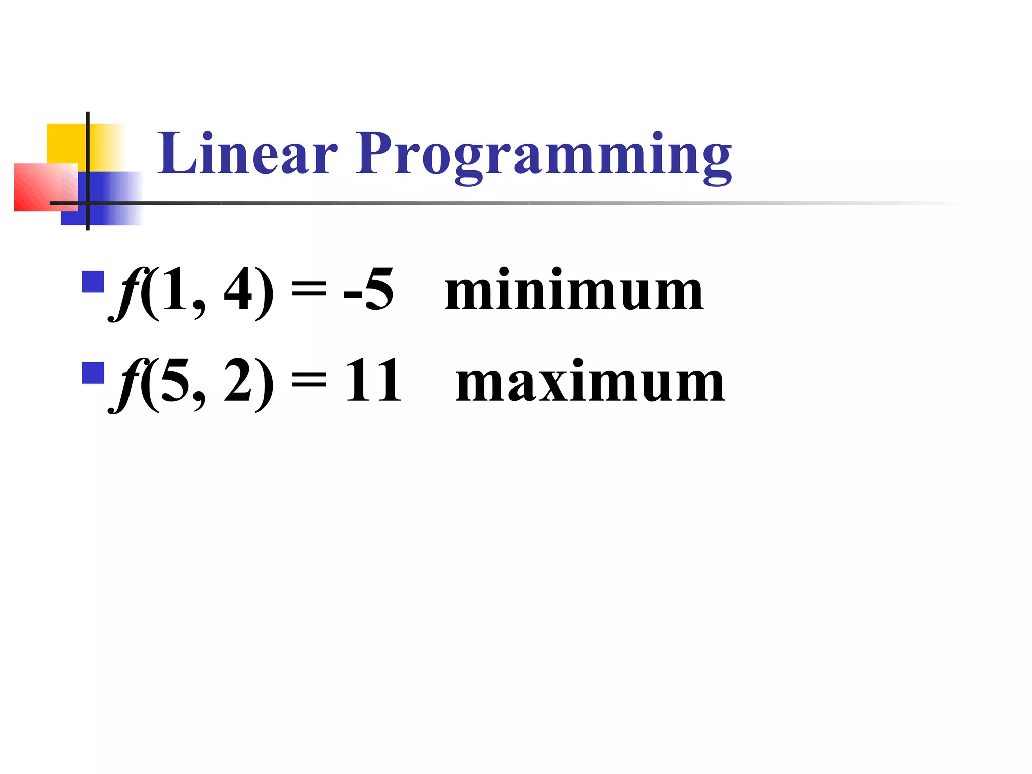 Linear Programming
 f(1, 4) = -5 minimum
 f(5, 2) = 11 maximum
 