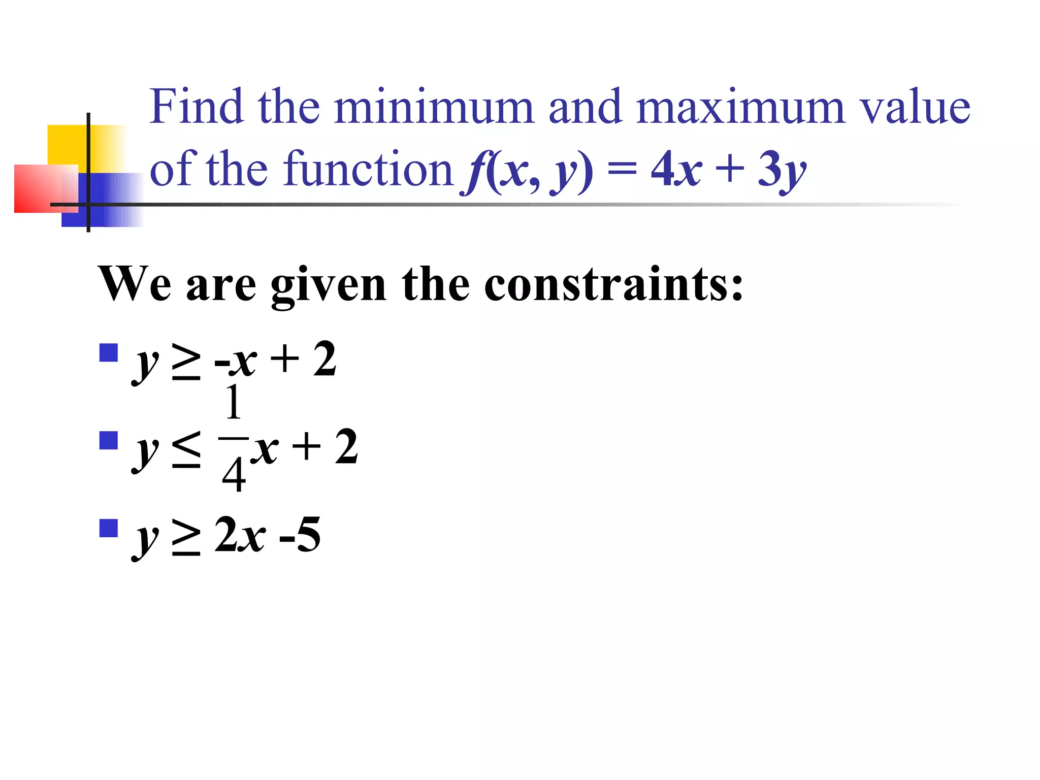 Find the minimum and maximum value
  of the function f(x, y) = 4x + 3y

We are given the constraints:
 y ≥ -x + 2
      1
 y ≤   x+2
      4
 y ≥ 2x -5
 