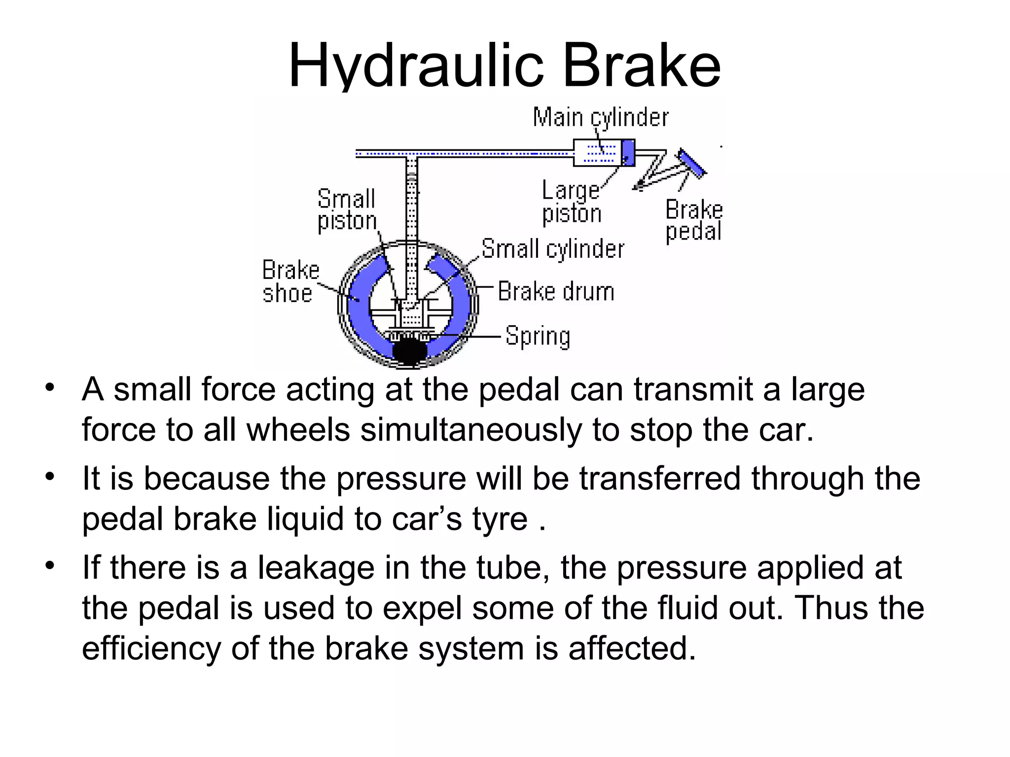 Hydraulic Brake
• A small force acting at the pedal can transmit a large
force to all wheels simultaneously to stop the car.
• It is because the pressure will be transferred through the
pedal brake liquid to car’s tyre .
• If there is a leakage in the tube, the pressure applied at
the pedal is used to expel some of the fluid out. Thus the
efficiency of the brake system is affected.
 
