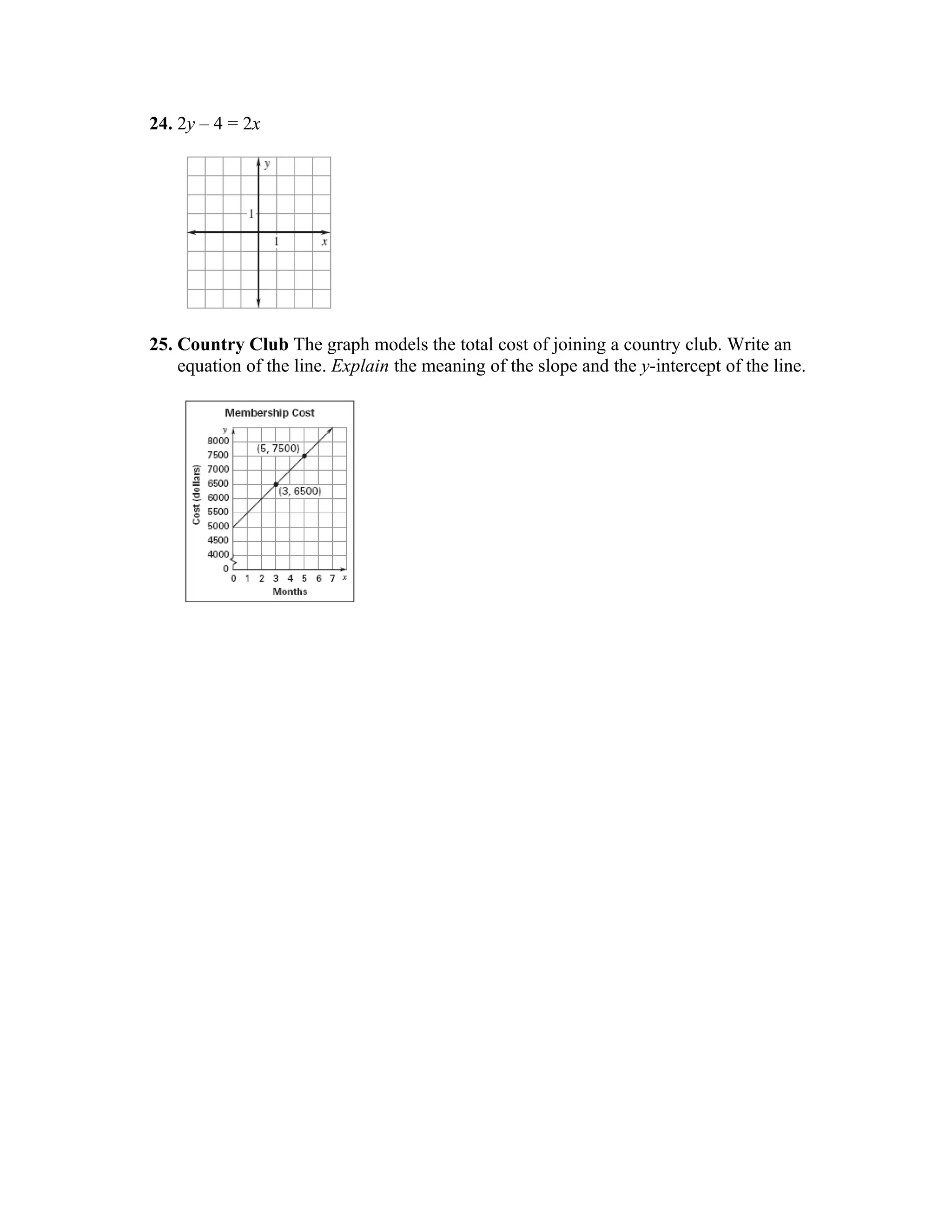 24. 2y – 4 = 2x




25. Country Club The graph models the total cost of joining a country club. Write an
    equation of the line. Explain the meaning of the slope and the y-intercept of the line.
 