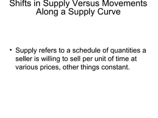 Shifts in Supply Versus Movements
Along a Supply Curve
• Supply refers to a schedule of quantities a
seller is willing to sell per unit of time at
various prices, other things constant.
 