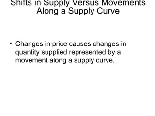 • Changes in price causes changes in
quantity supplied represented by a
movement along a supply curve.
Shifts in Supply Versus Movements
Along a Supply Curve
 