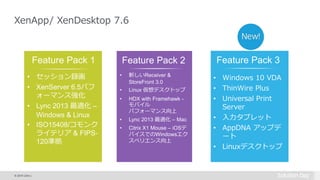 © 2015 Citrix |
XenApp/ XenDesktop 7.6
Feature Pack 1 Feature Pack 2 Feature Pack 3
• Windows 10 VDA
• ThinWire Plus
• Universal Print
Server
• 入力タブレット
• AppDNA アップデ
ート
• Linuxデスクトップ
• セッション録画
• XenServer 6.5パフ
ォーマンス強化
• Lync 2013 最適化 –
Windows & Linux
• ISO15408/コモンク
ライテリア & FIPS-
120準拠
• 新しいReceiver &
StoreFront 3.0
• Linux 仮想デスクトップ
• HDX with Framehawk -
モバイル
パフォーマンス向上
• Lync 2013 最適化 – Mac
• Citrix X1 Mouse – iOSデ
バイスでのWindowsエク
スペリエンス向上
 
