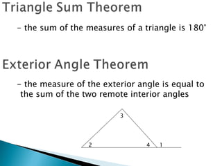 - the sum of the measures of a triangle is 180° - the measure of the exterior angle is equal to the sum of the two remote interior angles 1 4 2 3 