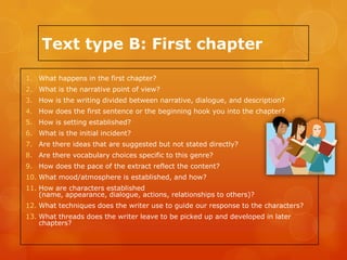 Text type B: First chapter

1. What happens in the first chapter?
2. What is the narrative point of view?
3. How is the writing divided between narrative, dialogue, and description?
4. How does the first sentence or the beginning hook you into the chapter?
5. How is setting established?
6. What is the initial incident?
7. Are there ideas that are suggested but not stated directly?
8. Are there vocabulary choices specific to this genre?
9. How does the pace of the extract reflect the content?
10. What mood/atmosphere is established, and how?
11. How are characters established
    (name, appearance, dialogue, actions, relationships to others)?
12. What techniques does the writer use to guide our response to the characters?
13. What threads does the writer leave to be picked up and developed in later
    chapters?
 