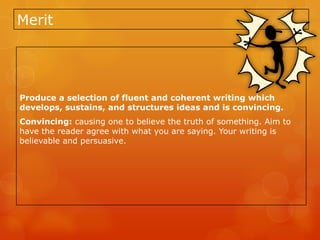 Merit




Produce a selection of fluent and coherent writing which
develops, sustains, and structures ideas and is convincing.
Convincing: causing one to believe the truth of something. Aim to
have the reader agree with what you are saying. Your writing is
believable and persuasive.
 