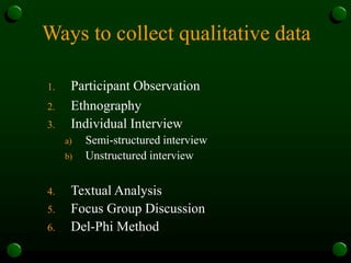 Ways to collect qualitative data
1. Participant Observation
2. Ethnography
3. Individual Interview
a) Semi-structured interview
b) Unstructured interview
4. Textual Analysis
5. Focus Group Discussion
6. Del-Phi Method
 