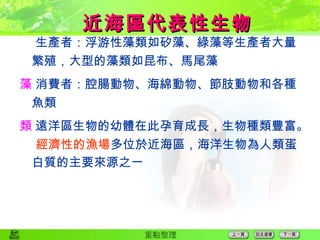  生產者 ： 浮游性藻類如矽藻、綠藻等生產者大量繁殖，大型的藻類如昆布、馬尾藻  消費者 ： 腔腸動物、海綿動物、節肢動物和各種魚類  遠洋區生物的幼體在此孕育成長，生物種類豐富。  經濟性的漁場 多位於近海區，海洋生物為人類蛋白質的主要來源之一 近海區代表性生物 