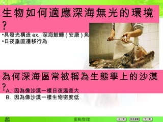 生物如何適應深海無光的環境 ? 為何深海區常被稱為生態學上的沙漠 ? 具發光構造 ex.  深海鮟鱇 ( 安康 ) 魚 日夜垂直遷移行為 因為像沙漠一樣日夜溫差大 因為像沙漠一樣生物密度低 