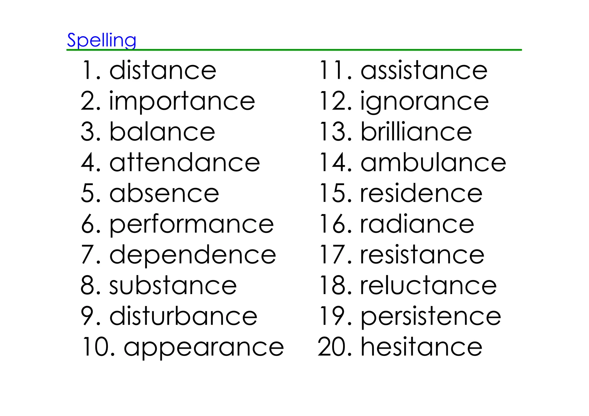 Spelling
 1. distance      11. assistance
 2. importance    12. ignorance
 3. balance       13. brilliance
 4. attendance    14. ambulance
 5. absence       15. residence
 6. performance   16. radiance
 7. dependence    17. resistance
 8. substance     18. reluctance
 9. disturbance   19. persistence
 10. appearance   20. hesitance
 