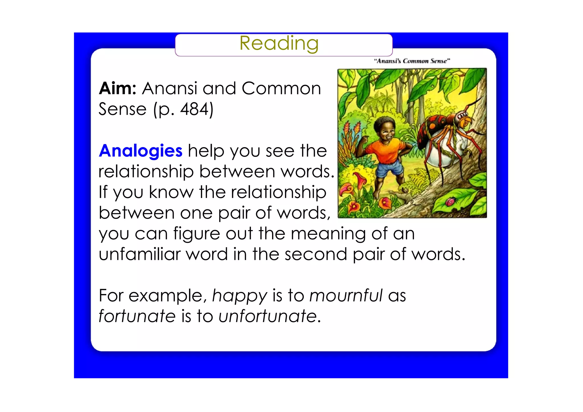 Reading

Aim: Anansi and Common
Sense (p. 484)

Analogies help you see the
relationship between words.
If you know the relationship
between one pair of words,
you can figure out the meaning of an
unfamiliar word in the second pair of words.

For example, happy is to mournful as
fortunate is to unfortunate.
 
