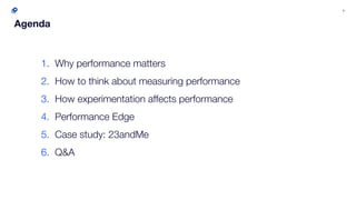4
Agenda
1. Why performance matters
2. How to think about measuring performance
3. How experimentation affects performance
4. Performance Edge
5. Case study: 23andMe
6. Q&A
 