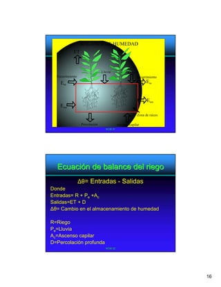 BALANCE DE HUMEDAD
             ET


                                 Lluvia            Riego
  Escurrimiento                                            Escurrimiento
    Ese                                                          Ess


                                                                 Esss
    Esse
                                                           Zona de raices

                   Percolación              Ascenso capilar
                                   WOB-31




  Ecuación de balance del riego
                  ∆θ= Entradas - Salidas
Donde
Entradas= R + Pe +Ac
Salidas=ET + D
∆θ= Cambio en el almacenamiento de humedad

R=Riego
Pe=Lluvia
Ac=Ascenso capilar
D=Percolación profunda
                                   WOB-32




                                                                            16
 