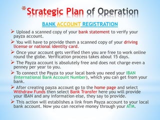 *Strategic Plan
 Upload a scanned copy of your bank statement to verify your
payza account.
 You will have to provide them a scanned copy of your driving
license or national identity card.
 Once your account gets verified then you are free to work online
round the globe. Verification process takes about 15 days.
 The Payza account is absolutely free and does not charge even a
penney per year to you.
 To connect the Payza to your local bank you need your IBAN
(International Bank Account Number), which you can get from your
bank.
 After creating payza account go to the home page and select
Withdraw Funds then select Bank Transfer here you will provide
your IBAN and any information else, they say to provide.
 This action will establishes a link from Payza account to your local
bank account. Now you can receive money through your ATM.
BANK ACCOUNT REGISTRATION
 