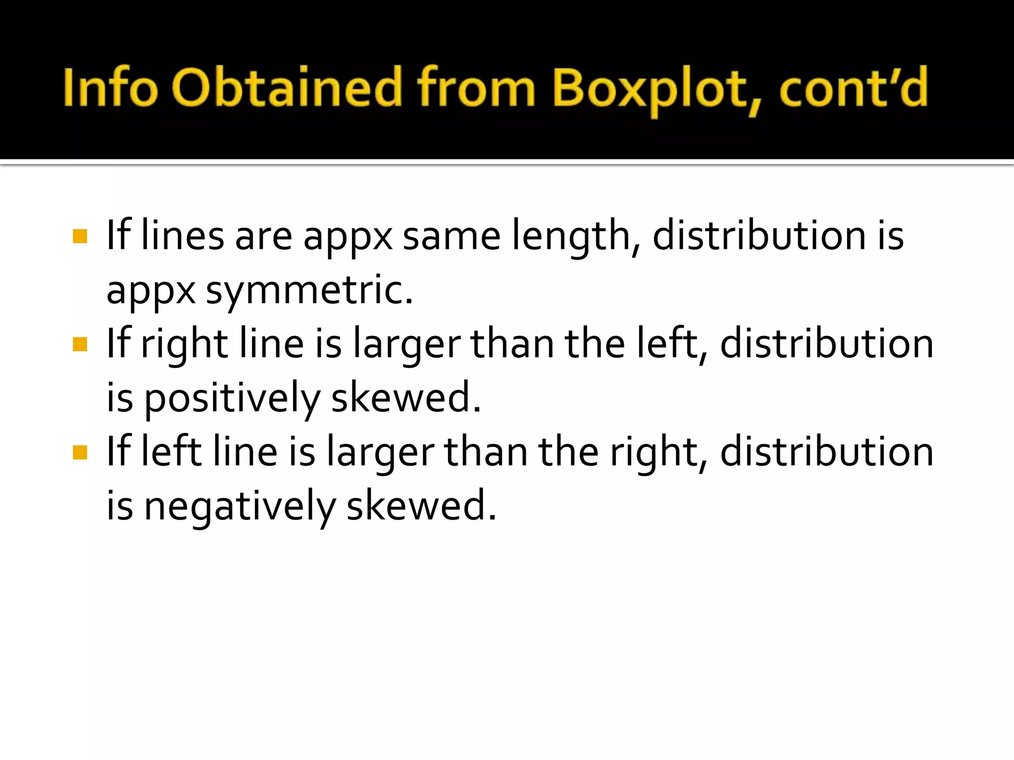  If lines are appx same length, distribution is
appx symmetric.
 If right line is larger than the left, distribution
is positively skewed.
 If left line is larger than the right, distribution
is negatively skewed.
 