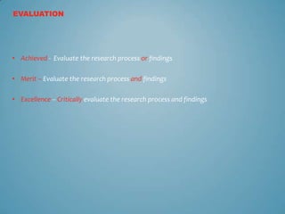 EVALUATION




• Achieved - Evaluate the research process or findings

• Merit – Evaluate the research process and findings

• Excellence – Critically evaluate the research process and findings
 