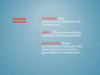 MARKING    • ACHIEVED: One
CRITERIA     presentation method with
             conventions

           • MERIT: Three presentation
             methods with conventions

           • EXCELLENCE: Three
             presentation methods with
             conventions and used to
             good effect ie comparison.
 