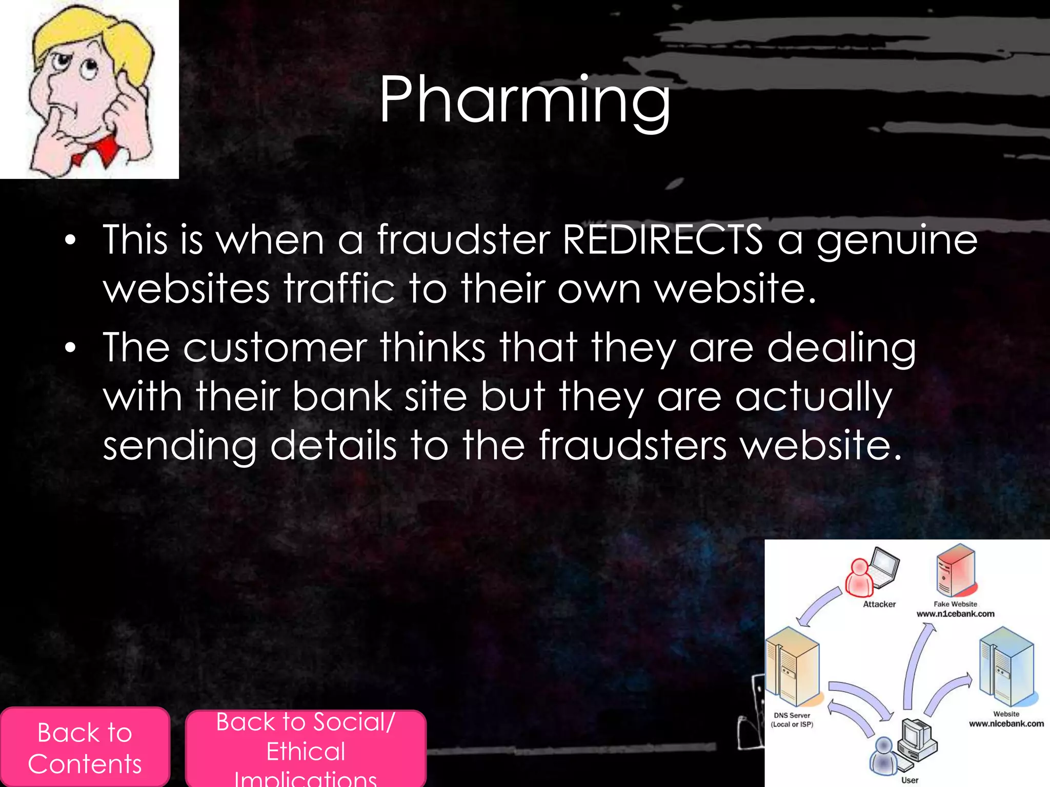 Pharming

  • This is when a fraudster REDIRECTS a genuine
    websites traffic to their own website.
  • The customer thinks that they are dealing
    with their bank site but they are actually
    sending details to the fraudsters website.




Back to    Back to Social/
              Ethical
Contents
 