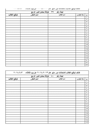 ‫م‬
1
2
3
4
5
6
7
8
9
10
11
12
13
14
15
16
17
18
19
20
21
22
‫م‬
1
2
3
4
5
6
7
8
9
10
11
12
13
14
15
16
17
18
19
‫عام‬ ‫مايو‬ ‫دور‬ ‫المتحانات‬ ‫الطالب‬ ‫توقيع‬ ‫كشف‬2013-2014‫الثالثاء‬ ‫يوم‬ ‫عن‬3-6-2014
‫رقم‬ ‫لجنة‬40‫الرابع‬ ‫الدور‬ ‫معامل‬ ‫طرقة‬
‫الطالب‬ ‫توقيع‬ ‫المقرر‬ ‫اسم‬ ‫الطالب‬ ‫اسم‬ ‫الجلوس‬ ‫رقم‬
‫عام‬ ‫مايو‬ ‫دور‬ ‫المتحانات‬ ‫الطالب‬ ‫توقيع‬ ‫كشف‬2013-2014‫الثالثاء‬ ‫يوم‬ ‫عن‬3-6-2014
‫رقم‬ ‫لجنة‬39‫الرابع‬ ‫الدور‬ ‫معامل‬ ‫طرقة‬
‫الطالب‬ ‫توقيع‬ ‫المقرر‬ ‫اسم‬ ‫الطالب‬ ‫اسم‬ ‫الجلوس‬ ‫رقم‬
 