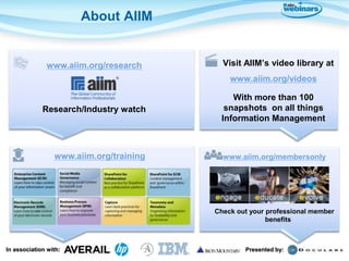 About AIIM


               www.aiim.org/research       Visit AIIM’s video library at
                                             www.aiim.org/videos

                                             With more than 100
             Research/Industry watch       snapshots on all things
                                          Information Management



                 www.aiim.org/training     www.aiim.org/membersonly




                                         Check out your professional member
                                                        benefits



In association with:                             Presented by:
 