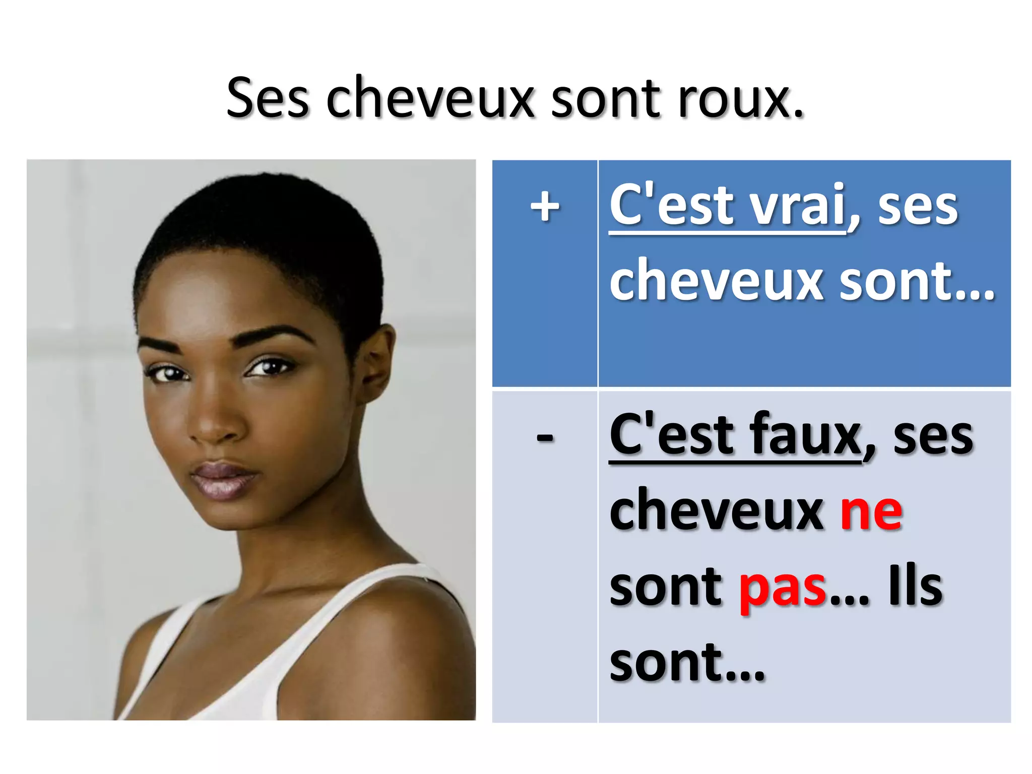 Ses cheveux sont roux.
+ C'est vrai, ses
cheveux sont…
- C'est faux, ses
cheveux ne
sont pas… Ils
sont…